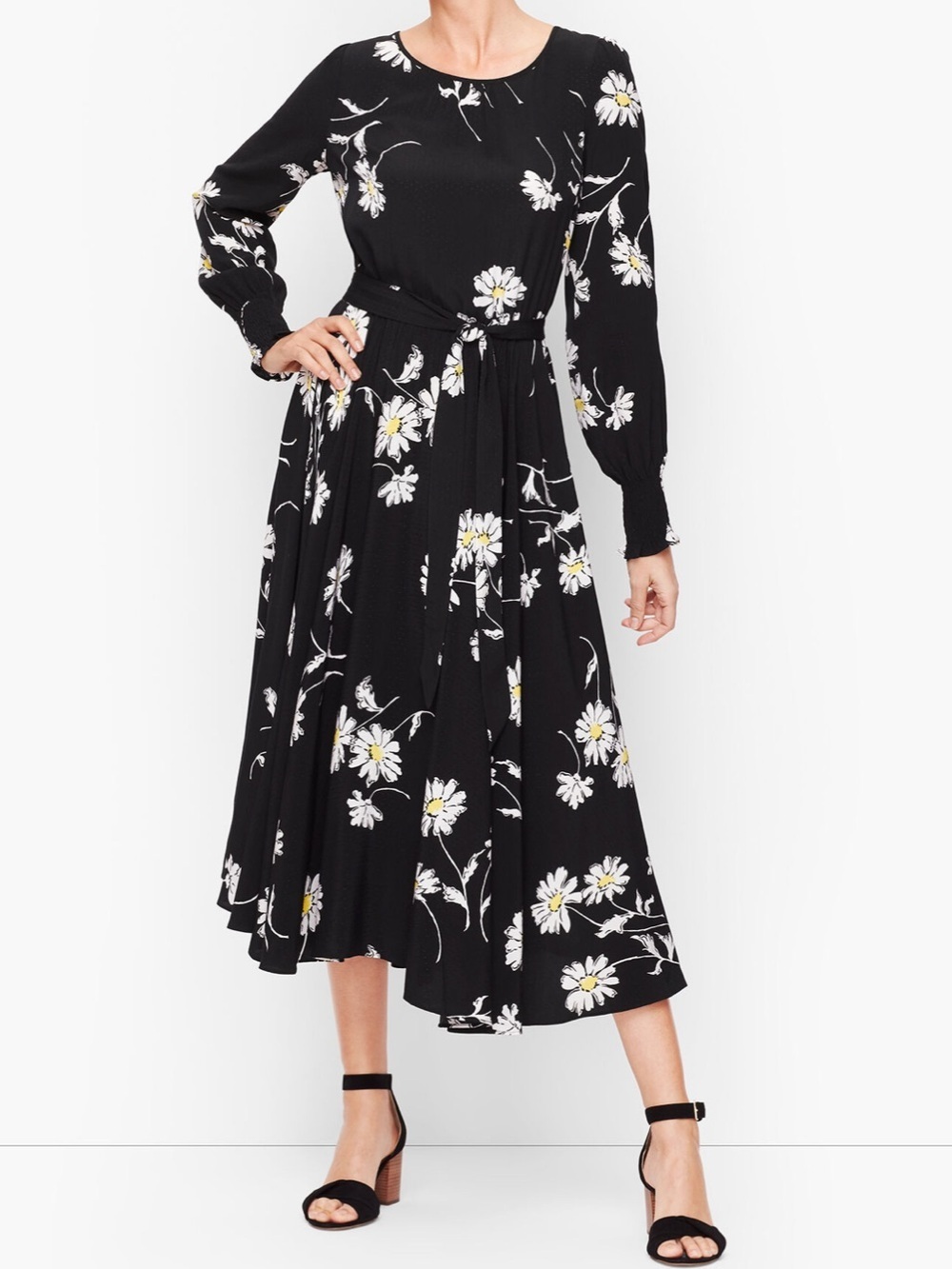 NEW Talbots “Vintage Daisy” Long Sleeve Tie Waist Floral Midi Dress Size 2P